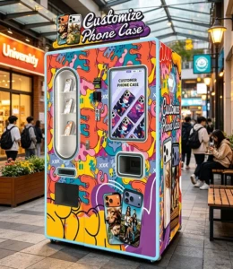 A modern mall phone case printing kiosk display in a busy shopping center