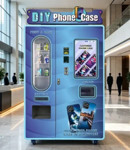A modern phone case vending machine placed in a busy shopping mall, showcasing its interactive touch screen and product display