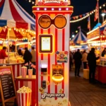 Una moderna máquina expendedora automática de palomitas que muestra sus palomitas recién hechas y su pantalla de pago digital