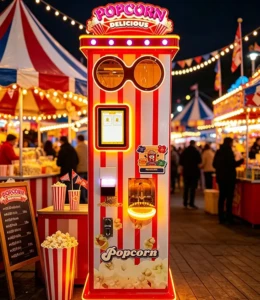 A modern automatic popcorn vending machine displaying its fresh popcorn and digital payment screen