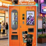 A modern UV phone case printing vending machine in a retail setting, showcasing its interactive touchscreen and finished product output