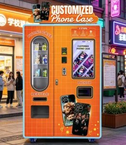 A modern UV phone case printing vending machine in a retail setting, showcasing its interactive touchscreen and finished product output