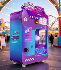 Modern cotton candy vending machine placed in a busy USA airport terminal