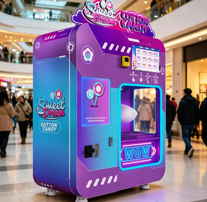A Wider Matrix cotton candy vending machine with LED lights being serviced