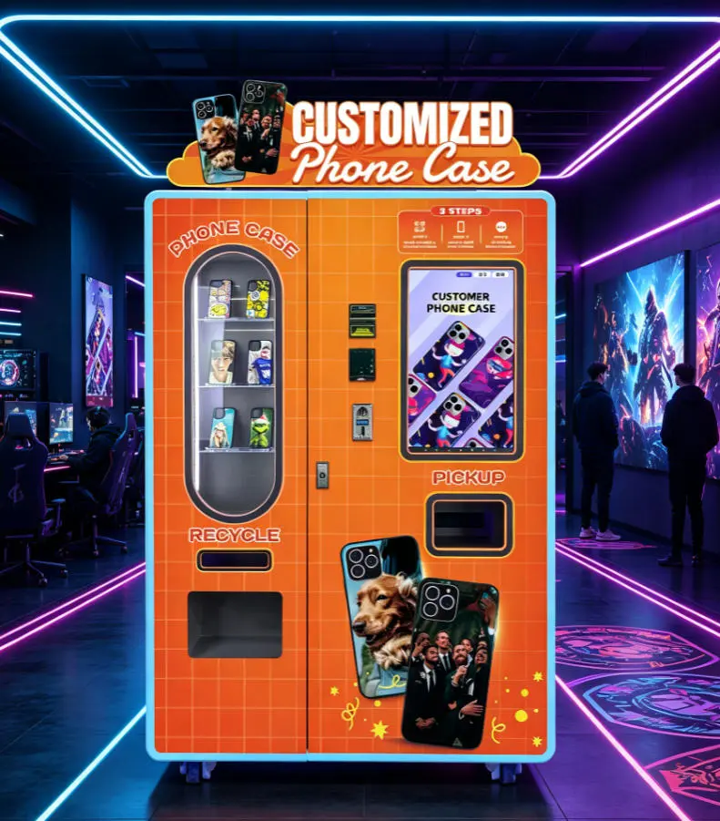 A phone case printer alongside other vending machines forming an unattended retail zone in a mall