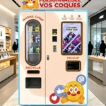 Primer plano de la boquilla de una impresora UV imprimiendo un diseño colorido en una carcasa de celular en blanco