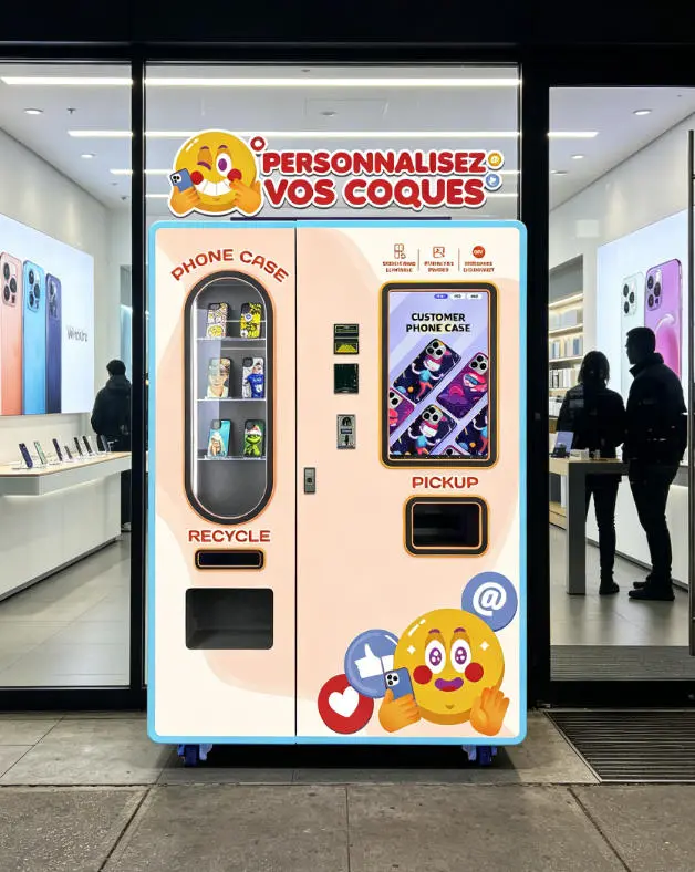 A customer using a touchscreen to design a phone case on a vending machine in a busy shopping mall
