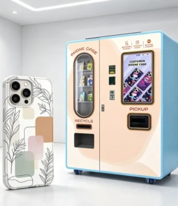Modern phone case vending machine displaying customizable case options in a busy USA mall