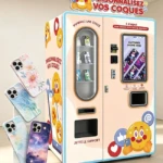Phone case vending machine in a modern Spanish shopping mall