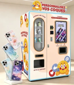 Phone case vending machine in a modern Spanish shopping mall