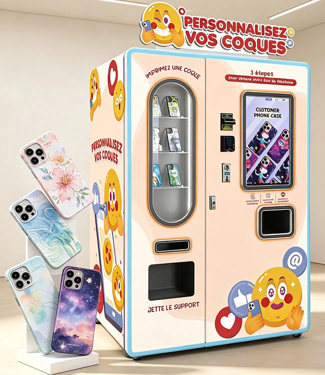 Phone case vending machine in a modern Spanish shopping mall