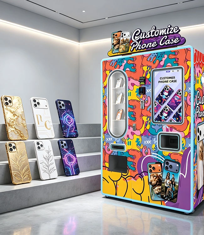 Máquina expendedora moderna de fundas para celular con pago con tarjeta en un centro comercial
