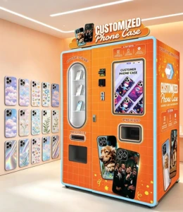 Modern phone case vending machine with UV printing technology in a shopping mall
