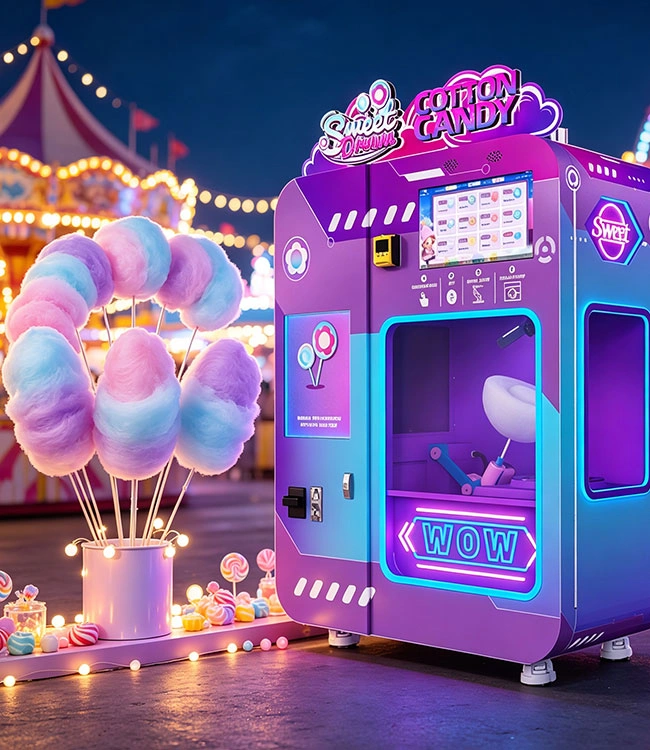High end cotton candy vending machine price USA - Modern machine in a mall setting