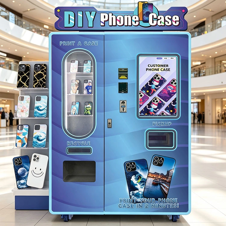 A modern UV printing phone case vending machine for sale placed in a busy shopping mall