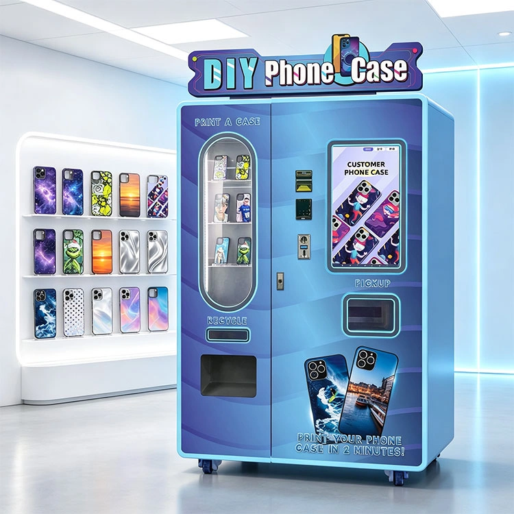 A customer selecting a design on a UV printing phone case vending machine for sale at a university campus