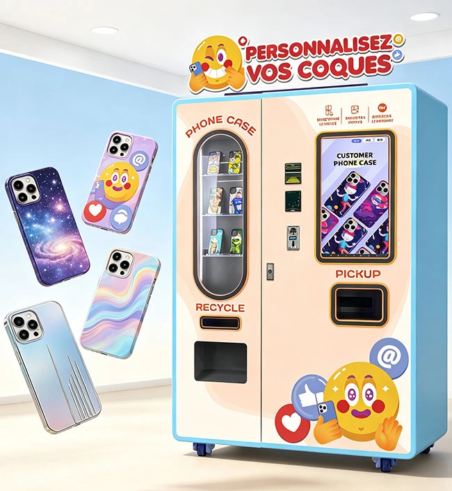 Modern automated phone case vending machine in a shopping mall