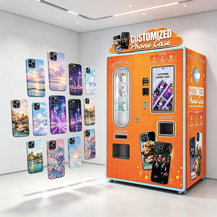 A phone case vending machine running in a US shopping mall