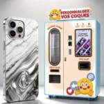 Máquina expendedora de fundas para celular impresas con IA en un centro comercial muy concurrido