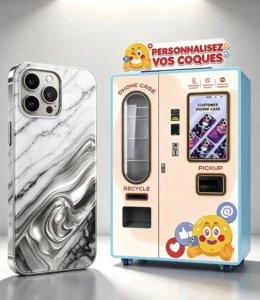 AI phone case printing vending machine in a busy shopping mall