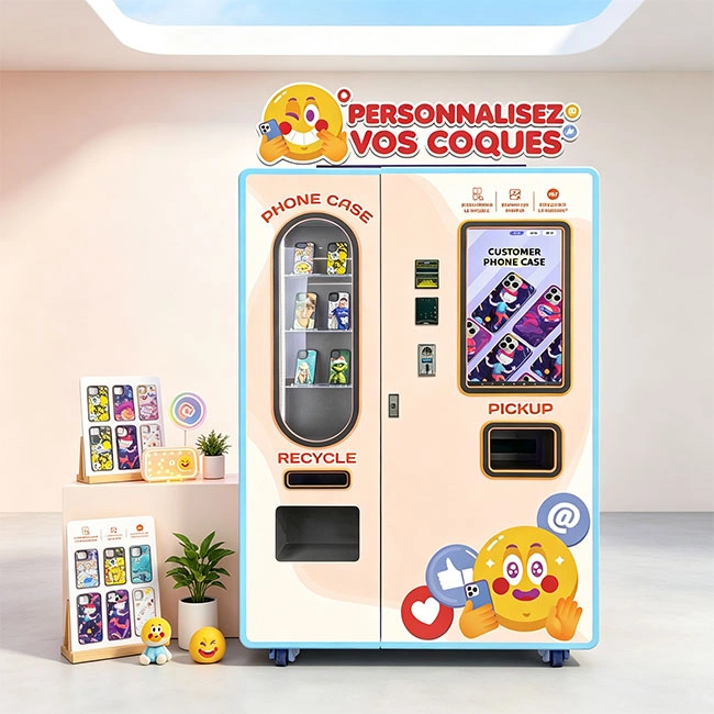 A modern airport phone case vending machine in a busy terminal