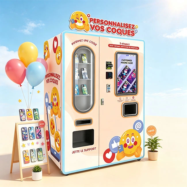 Modern phone case vending machine placed in a busy Los Angeles shopping mall corridor