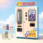 Una máquina expendedora moderna de fundas para celular que muestra una interfaz de personalización de fundas para el Samsung Galaxy