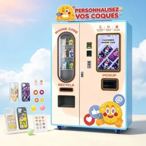 A modern phone case vending machine displaying a Samsung Galaxy phone case customization interface