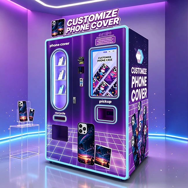 A modern phone case vending machine from Wider Matrix showing its touchscreen interface and printed cases