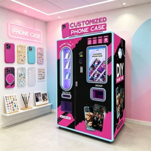 A modern phone case vending machine located inside a busy New York mall, showing a customer selecting a design