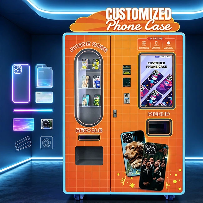 A sleek high end phone case vending machine in a modern shopping mall