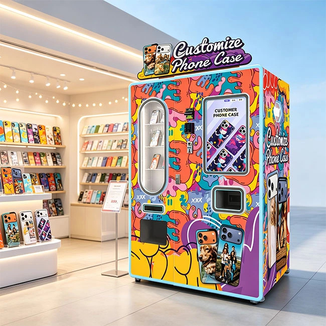 Modern phone case vending machine in a UK shopping centre