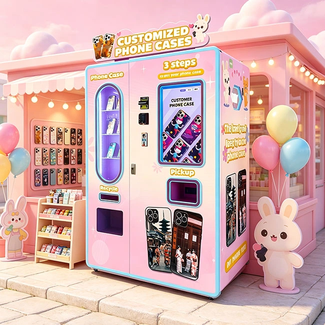 Cashless phone case vending machine in a busy shopping mall