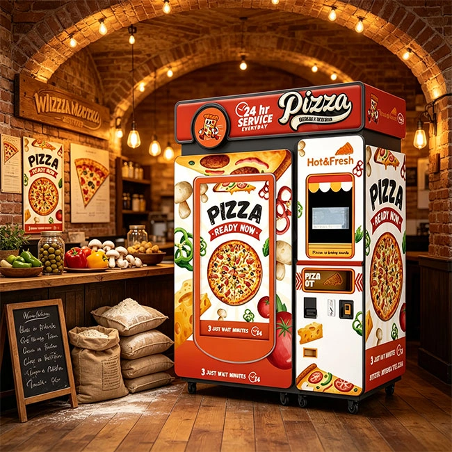 Modern pizza vending machine in a bright office building lobby