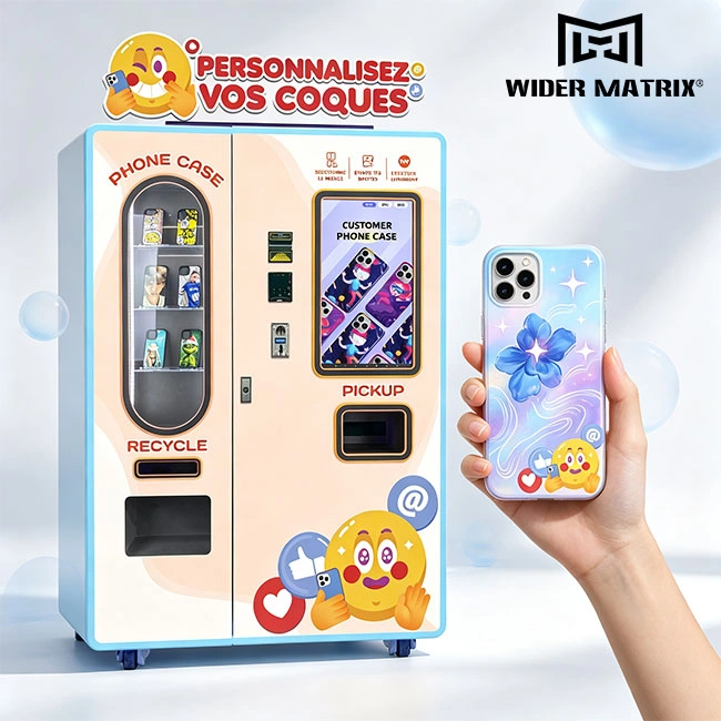 A modern phone case vending machine from Wider Matrix showing the customization process