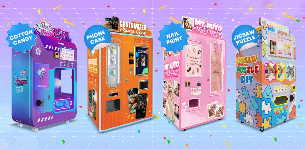 Diverse vending machine lineup including cotton candy, phone case, and ice cream machines