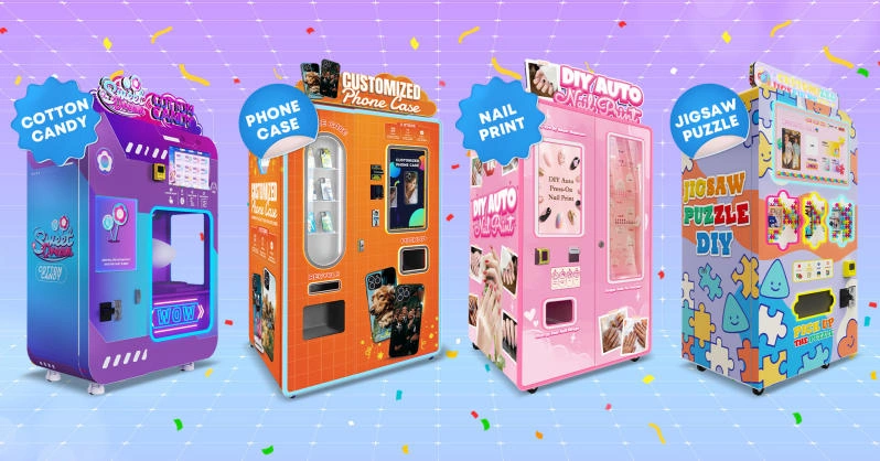 including the fully automatic cotton candy vending machine and the interactive phone case vending machine