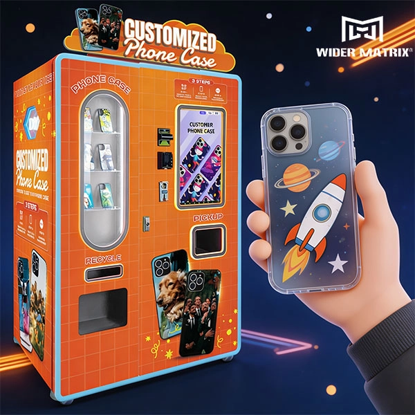 Clientes que utilizan una máquina expendedora para diseñar fundas de celular a medida