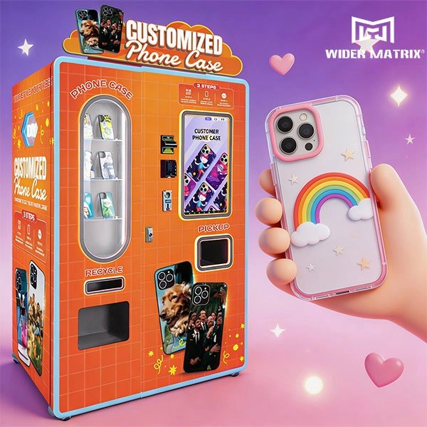 Impresora UV dentro de una máquina expendedora de fundas para celular que imprime un diseño personalizado