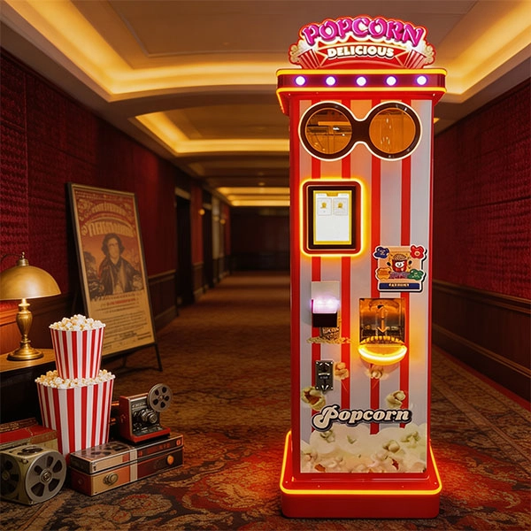 Fresh popcorn vending machine in a modern shopping mall setting