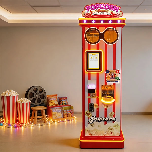 Customer using a fresh popcorn vending machine