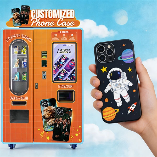 Custom phone case vending machine in a shopping mall with a customer using the touchscreen