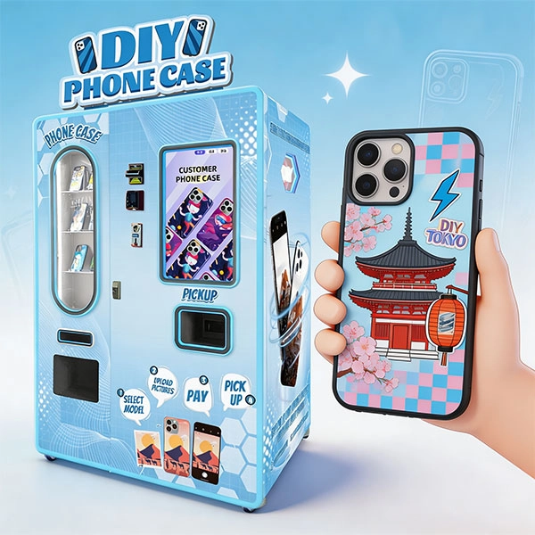 A modern phone case vending machine on a Tokyo street showing various designs