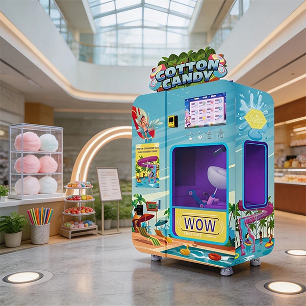 A modern OEM cotton candy vending machine running in a mall