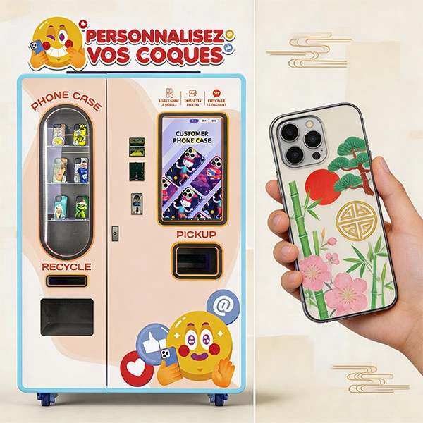 A phone case vending machine in a Japanese shopping mall printing a custom case