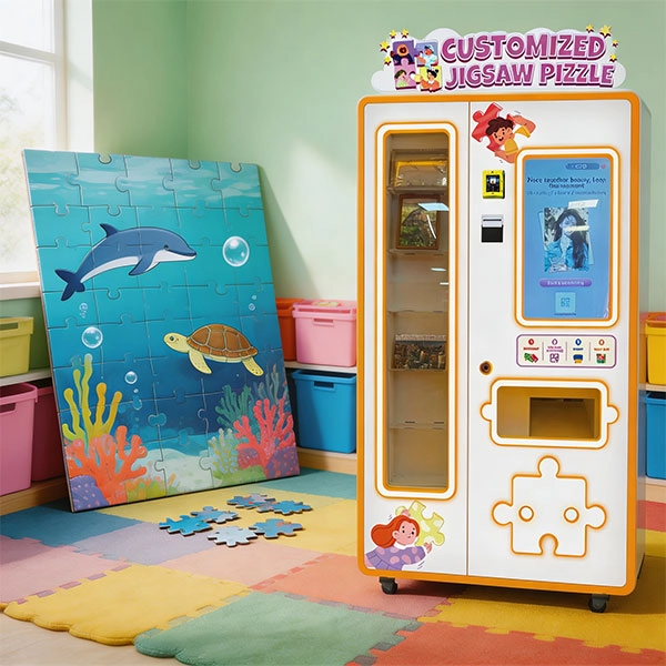 a jigsaw puzzle vending machine is a self-service kiosk about the size of a tall fridge.