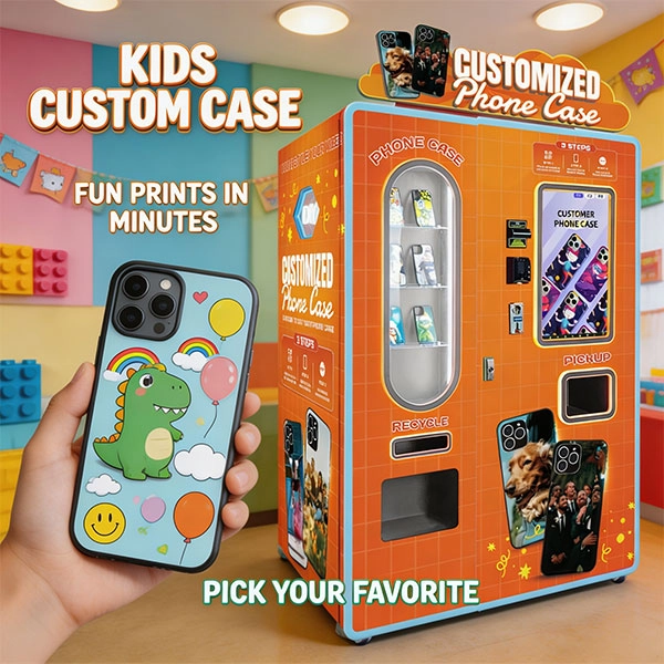A phone case vending machine is a freestanding kiosk that weighs 380 kg