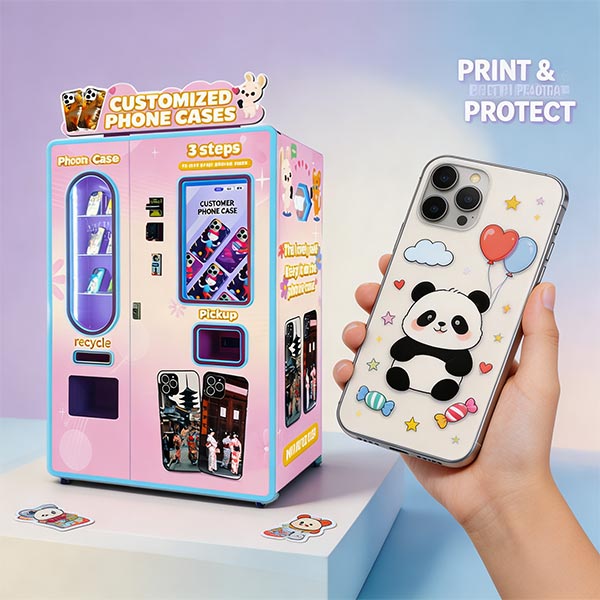Máquina expendedora de fundas para celular en un centro comercial