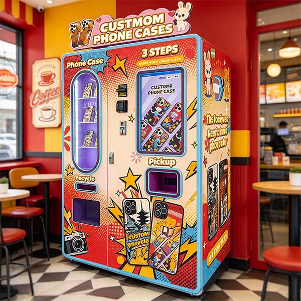 Print your own phone case vending machine touchscreen interface showing phone model selection and design upload