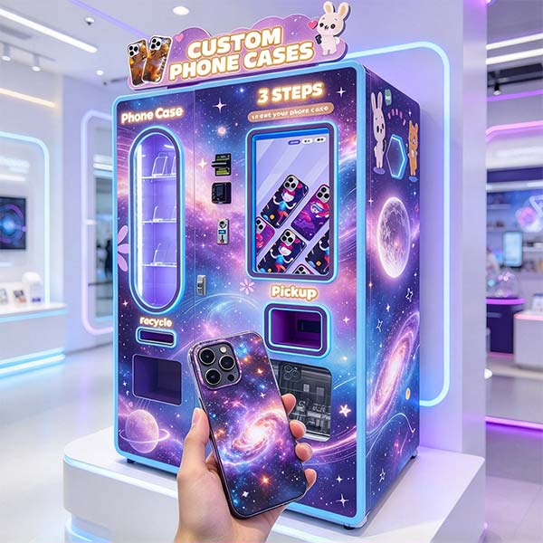 WM880 phone case vending machine deployed in a busy shopping mall atrium